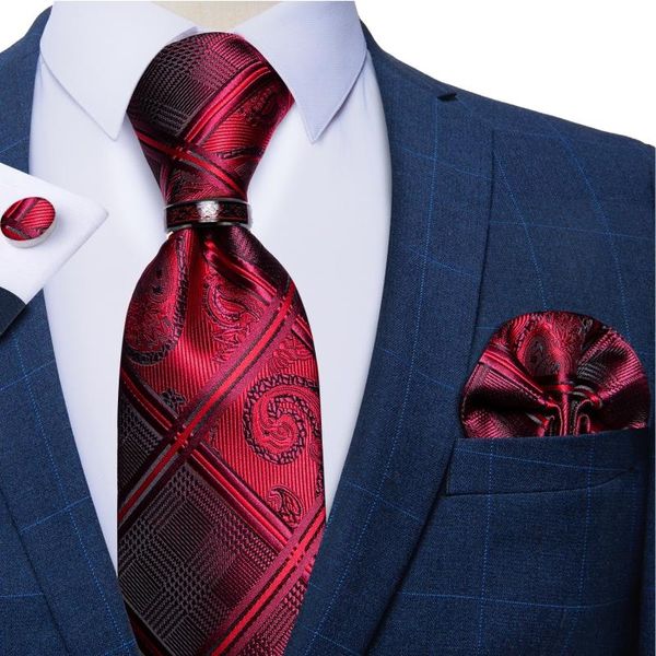 Corbatas de lazo para hombre, conjunto de corbata de seda roja, accesorios de boda, cuello para hombre con pañuelo, gemelos, artículos al por mayor para negocios