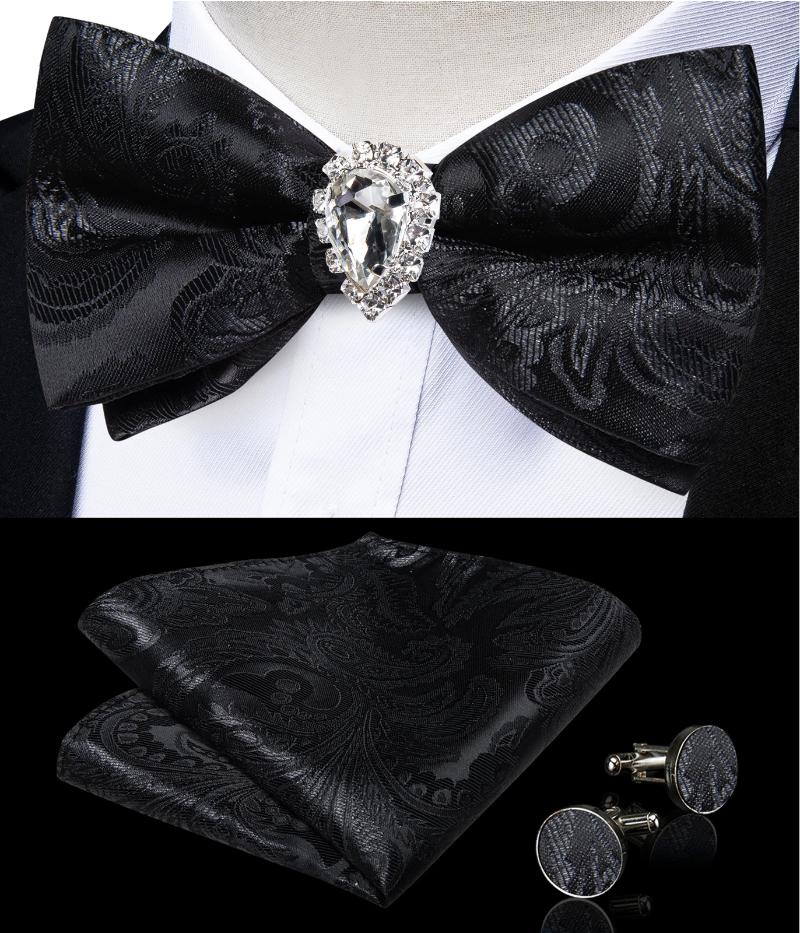 Bow Ties Men's Pre-tied Tie With Crystal Brooch Pocket Square Cufflinks Wedding Tuxedo Bowknot Cravat Groom Gift For Husband