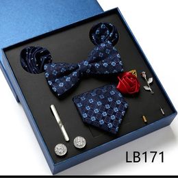 Laços masculinos gravata conjunto caixa de presente com gravata borboleta bolso quadrado abotoaduras clipe broches 8 pc terno para festa de casamento gravata para homens 231012