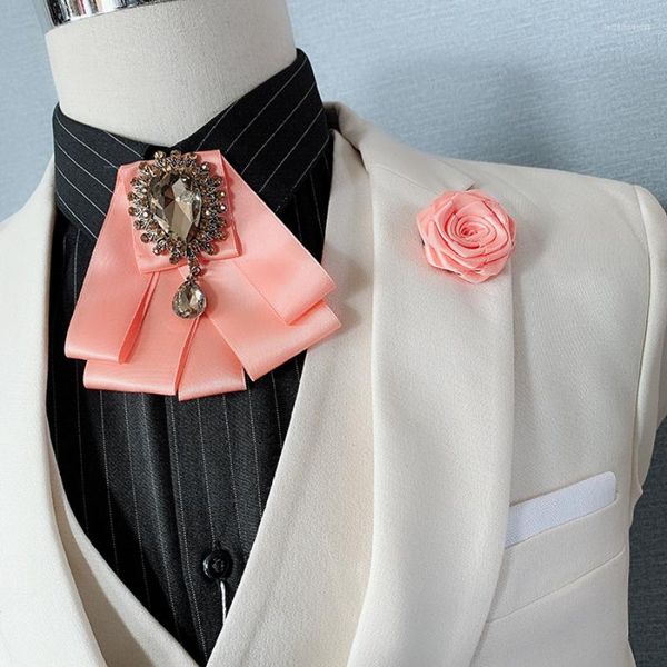 Corbatas de lazo para hombre, conjunto de broche de corbata de boda, trajes de banquete de negocios coreanos británicos, accesorios, collar, flores, ramillete de pajarita con diamantes de imitación