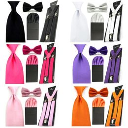 Pajaritas Hombres Color sólido Bowtie 8 cm Puff Pocket Square Hanky Suspender Braces Set BWSET0055