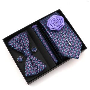 Nœuds papillons hommes cravate ensemble 23 couleurs mariage formel cravate florale soie jacquard tissé mouchoir boutons de manchette avec boîte pour affaires sui