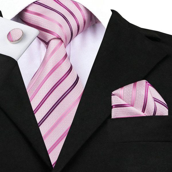 Cravates d'arc Hommes Mode Soie Rose Cravate Stripe Cravate Hanky Cufflink Set Mariage d'affaires pour hommes C-228
