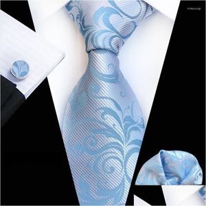 Nœuds papillons pour hommes bleu clair Paisley cravate poche boutons de manchette carrés ensemble cravates costume trois pièces mode jacquard cravate en soie livraison directe DH4AQ
