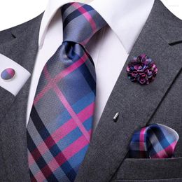 Corbatas de lazo para hombre Corbata de lujo de 8,5 cm de ancho Azul Púrpura A cuadros de seda Corbata de boda Conjunto de gemelos cuadrados de bolsillo Broche de regalo para hombres Hi-Tie Designer