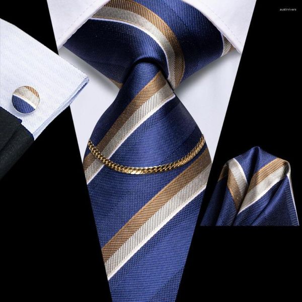 Noeuds papillon bleu marine rayé 2023 luxe soie hommes cravate mode cravate chaîne Hanky bouton de manchette cadeau pour mariage salut-cravate conception en gros