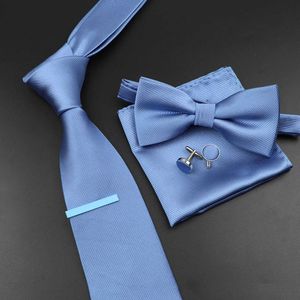 Corbatas de lazo Nuevo conjunto de pajarita para hombre Trabajador de negocios de lujo Azul Negro Color sólido Seda Poliéster Tejido jacquard Corbata Traje Fiesta de boda L221022