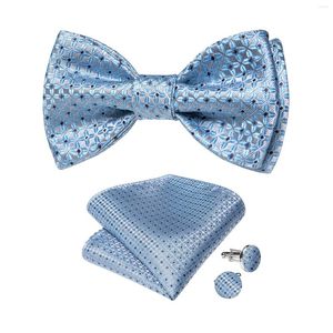 Boogbladen nieuwigheid blauw zelfblaas Bowtie zwarte stippen verstelbare heren tie zakdoek manchetknopen ingesteld voor bruiloftsbedrijf vlinderknopen