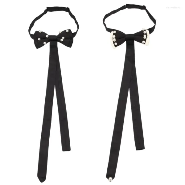 Cravates d'arc Cravates de perles Cravate de cou pré-attachée pour uniforme Cravate noire Costume Simple Personne paresseuse Étudiante Fille Dîners élégants