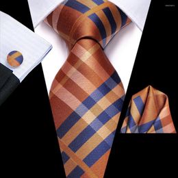 Noeuds papillon Plaid Orange Bleu Soie Cravate De Mariage Pour Hommes Handky Bouton De Manchette Cadeau Cravate Mode Business Party Dropshiping Hi-Tie Designer