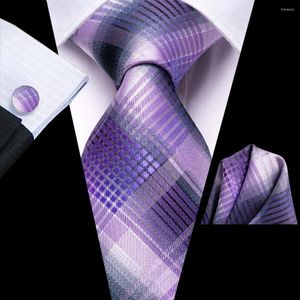 Noeuds papillon Plaid violet gris soie mariage cravate pour hommes cadeau hommes cravate Handky bouton de manchette ensemble mode affaires fête Dropship Hi-Tie Designer