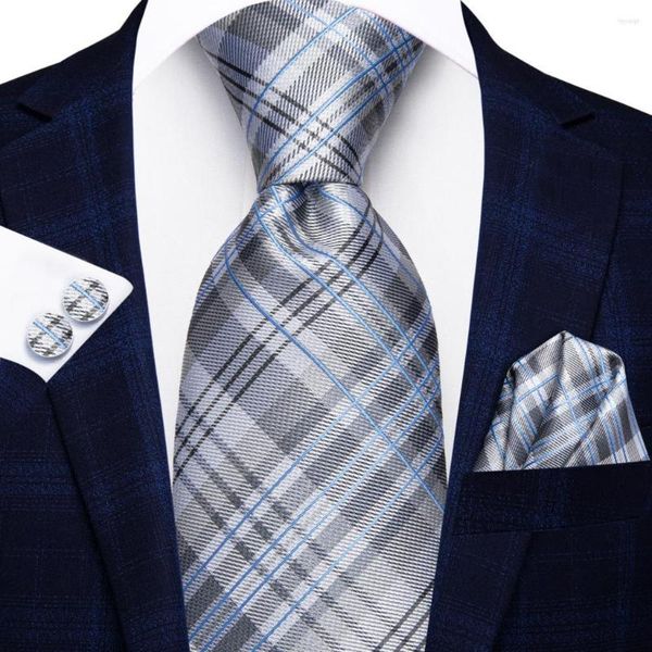 Corbatas de lazo a cuadros gris plateado Hi-Tie, corbata de boda de seda de diseñador para hombres, gemelos prácticos, regalo, corbata, fiesta de negocios a la moda, envío directo