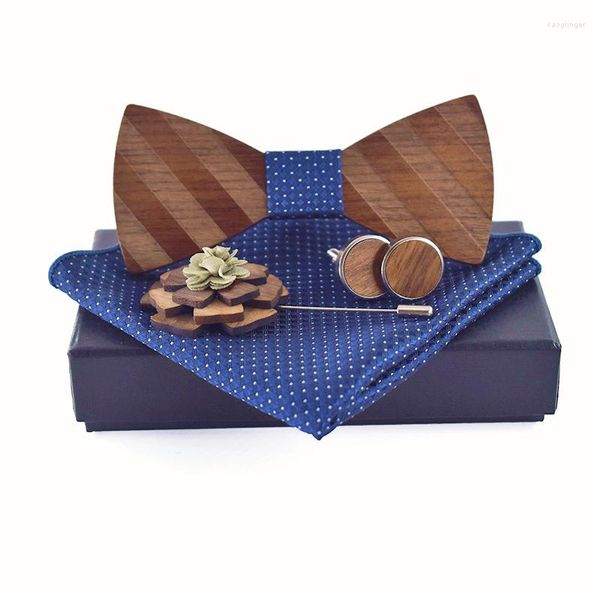 Noeuds papillon Pocket Square Brooch Gravata Tie Hanky Cufflink Sets Striped Wooden For Mens