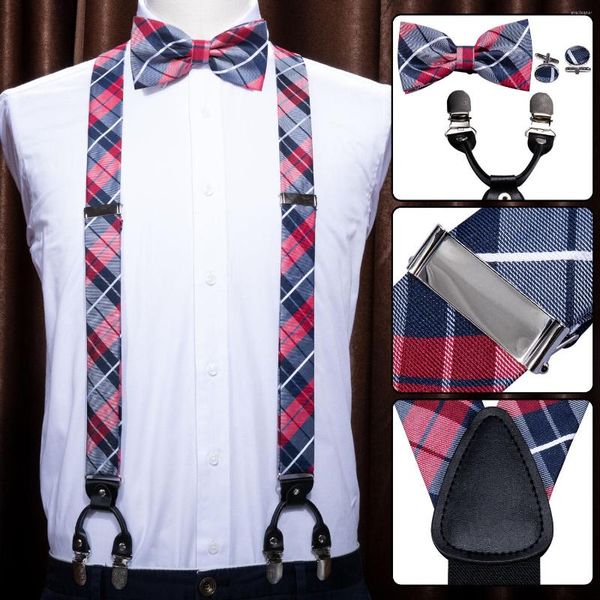 Noeuds Papillon Violet Pour Hommes Bretelles Chemise Rouge Plaid Tie Hanky Set Tissé Y-Back Soie Jarretelles Antidérapant Argent Clips Barry.WangBB-2004