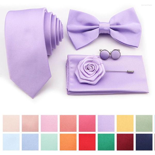 Pañuelos de lazo Púrpura Rosa Verde Conjunto de corbata Poliéster Corbata Bowtie Gemelos Broche para traje de novio Accesorio de camisa de corbata de boda