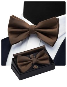 Cravates d'arc Rbocomens Cravate Set Solide Double Fold imperméable Gris Brown Bowtie Hanky Boutons de manchette Coffret cadeau pour hommes de mariage