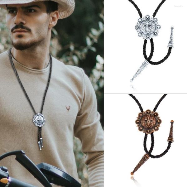 Coritos de arco Rechicgu Vintage Cross Star Colgante Bolo Tie Men Western Cowboy Handmade Corbio de cuero ajustable Accesorios de joyas