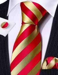 Corbatas de lazo Raya de oro rojo Lujo para hombre 2023 Corbata de seda Pañuelo tejido Gemelos Conjunto Fiesta formal Diseñador de bodas LN-6362