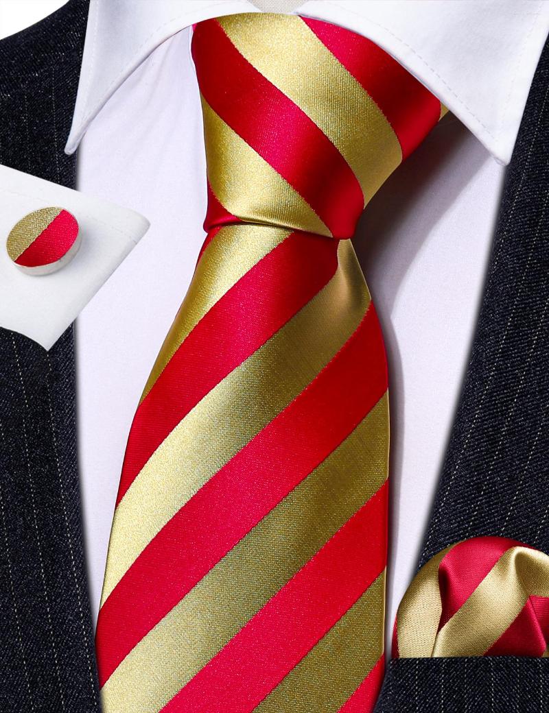 Bow Ties Red Gold Stripe Luxury Mens 2023 Silk Necktie Woven Handkerchief Cufflinks Set Formal Party Wedding Designer LN-6362