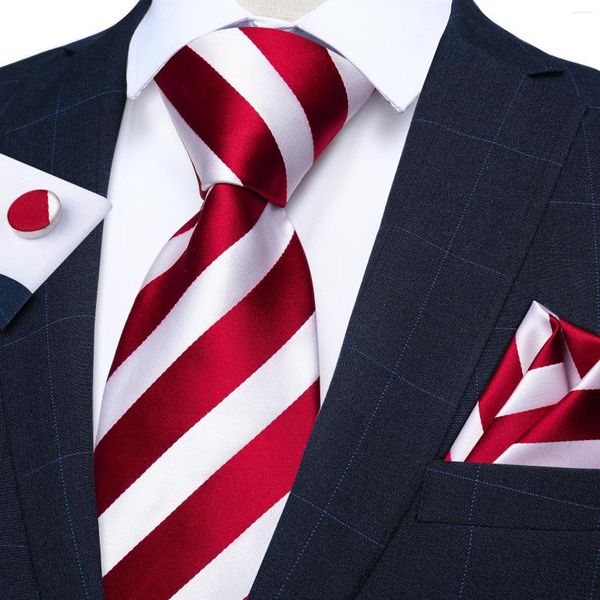 Corbatas de lazo Conjunto de corbata de seda a rayas rojas y blancas Gemelos cuadrados de bolsillo Accesorios de boda 8 cm Regalo para hombres Artículos al por mayor