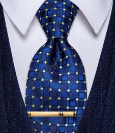 Boogbladen retro blauwe plaid met gele stippen herenbind voor man bruiloftsfeest zakelijke pak accessoires klassieke stropdas clip set cadeau