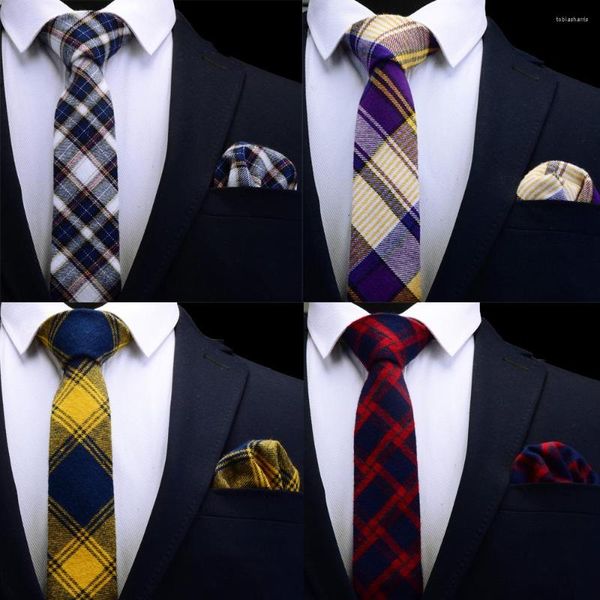 Pajaritas Ricnais de algodón a cuadros conjunto de corbata delgada para hombres 6cm pañuelo de cuello delgado para hombre rojo azul amarillo corbata de fiesta de boda