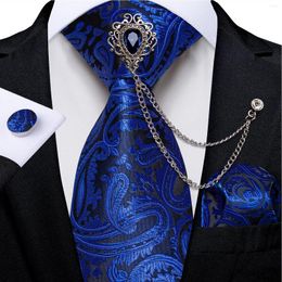 Noeuds papillon bleu royal hommes avec chaîne de broche en cristal de luxe accessoires de fête de mariage 8 cm cravate mouchoir boutons de manchette cadeau pour