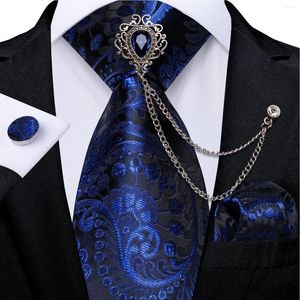 Noeuds papillon bleu Royal Paisley soie pour hommes luxe 8 cm mariage affaires Polyester cravate ensemble poche carré boutons de manchette cadeau en gros