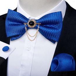 Fliege, königsblau, einfarbig, für Herren, Business, formelle Fliege, Einstecktuch, Manschettenknöpfe, verstellbare, vorgebundene Krawatte mit Brosche, Schmetterlingsknoten
