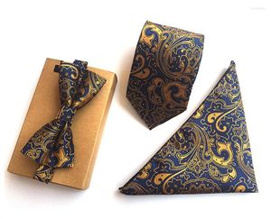 Cravates d'arc SCST Marque Gold Paisley Imprimer Bleu Cravates en soie pour hommes Mouchoir et cravate avec match 3pcs Set A054