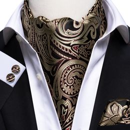 Strikjes Zijden Luxe Paisley Sjaal Stropdas Zwart Gouden Ascot Das Set voor Mannen Vintage Casual Grote Bloemen Bruiloft Halsdas Pochet Set 230922