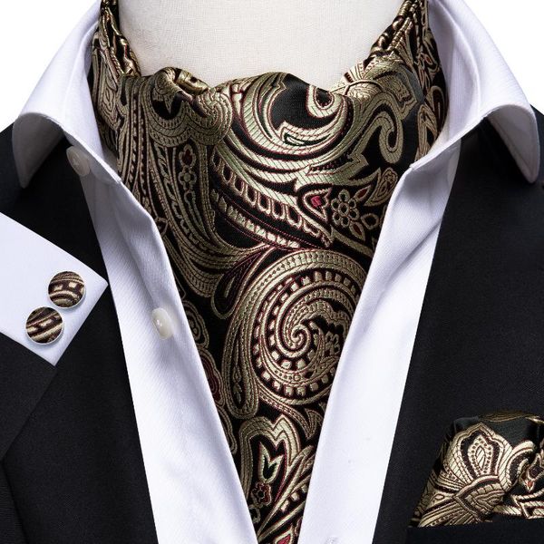 Nœuds papillons Soie Luxe Paisley Foulard Cravate Noir Doré Ascot Cravat Ensemble Pour Hommes Vintage Casual Big Floral Mariage Cou Poche Carré SetBow