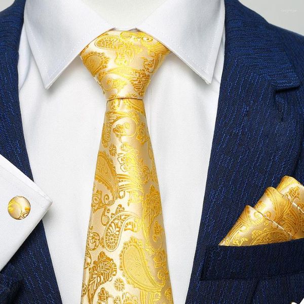 Pañuelos de seda para hombre, conjunto de corbata floral de oro amarillo y pañuelos, gemelos, traje de fiesta de boda, cuello de Paisley