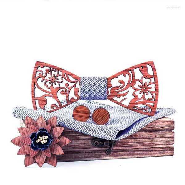 Pajaritas Sitonjwly Pañuelo de madera hecho a mano Gemelos Juego de broches para trajes de hombre Corbata de madera Pajarita hueco tallado ButterflyBow Enek22