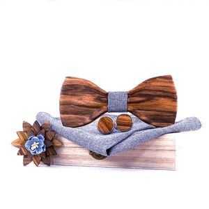 Cravates d'arc Sitonjwly Cravate en bois Hanky Boutons de manchette Broche Set Femmes Bois Bowtie avec boîte Mode Mariage Marié Costume CorsageBow