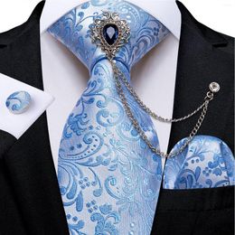 Strikjes Hemelsblauw Paisley Zijde Voor Mannen Luxe 8 cm Bruiloft Zakelijk Polyester Stropdas Set Pochet Manchetknopen Cadeau Groothandel