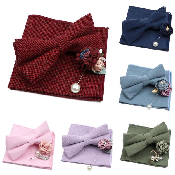 Nœuds papillons couleur unie hommes noeud papillon broche ensemble coton rose bleu cravate fleur épinglette romantique costume de fête de mariage chemise accessoires