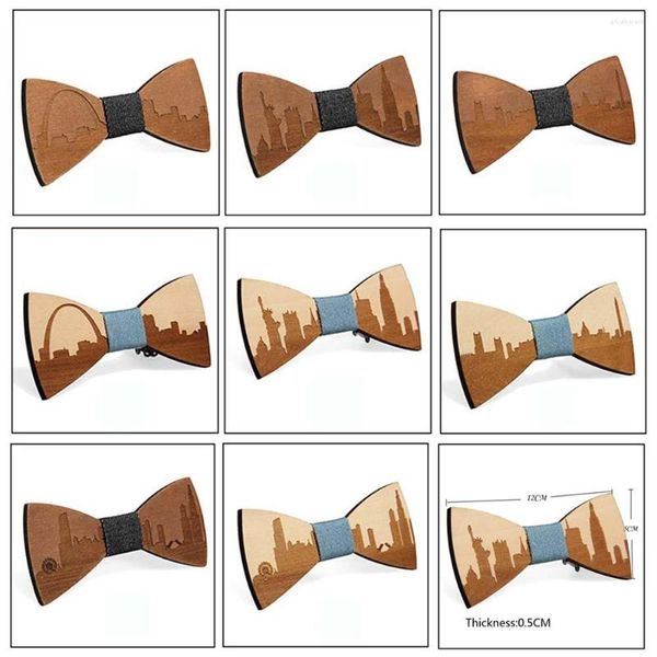 Pajaritas SOMESOOR Grabado Ciudades americanas Pajarita de madera Chicago Washington York Diseño Bowknots Corbatas Traje de boda para hombres Regalos