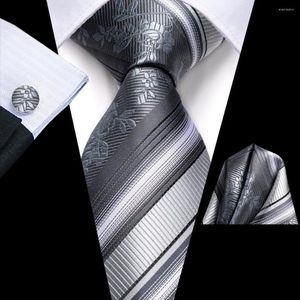 Cravates d'arc rayé gris argent cravate de mariage pour hommes handky bouton de manchette cadeau cravate mode business party dropship hi-tie designer