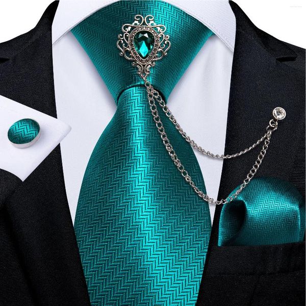 Lazos de arco Teal Blue Sólido Conjunto de corbata de seda de 8 cm de ancho Cuello Pañuelo Gemelos Broche de boda Regalo de cadena para hombres DiBanGu