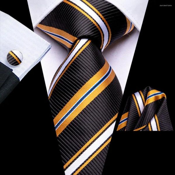 Noeuds papillon cravate pour hommes noir jaune rayé 2023 marque de mode fête de mariage cravate ensemble handky bouton de manchette cadeau en gros salut-cravate designer