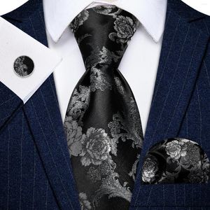 Nœuds papillons uniques imprimé floral noir hommes cravate mouchoir boutons de manchette ensemble pour mariage bureau fête affaires smoking accessoire luxe cravates