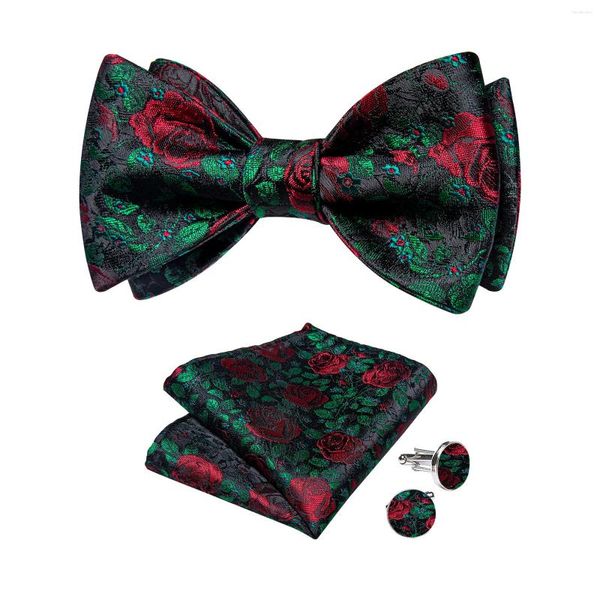 Pañuelos de lazo Corbata verde única con estampado floral rojo Seda Moda Bolsillo Cuadrado Gemelos Conjunto para hombre Fiesta de negocios Boda Pajarita para hombre