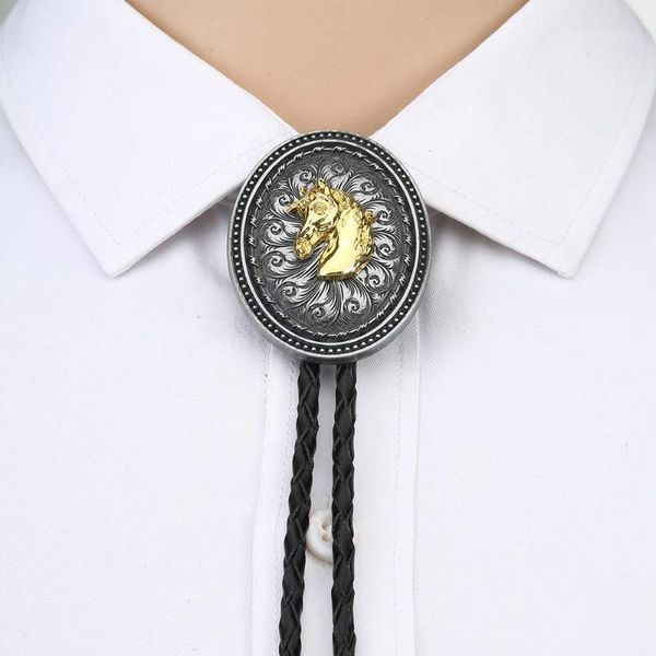 Bow Ties Vintage Round Gold Horse Head Bolo Tie para hombre Cowboy Western Cowgirl Cuerda de cuero Aleación de zinc Necktie1