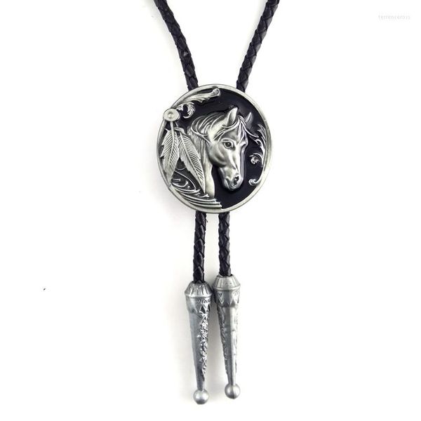 Pajaritas Western Cowboy Bolo Tie para hombres camisa traje cadena de cuero negro con cabeza de caballo hebilla de Metal accesorios de ropa personalizados para hombres