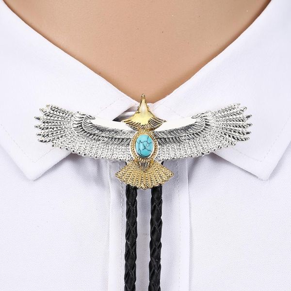 Pajaritas Western Cowboy Bolo Tie Silver Gold Eagle Collar de cuero turquesa natural Cuerda Unisex Ropa casual Accesorios Bow