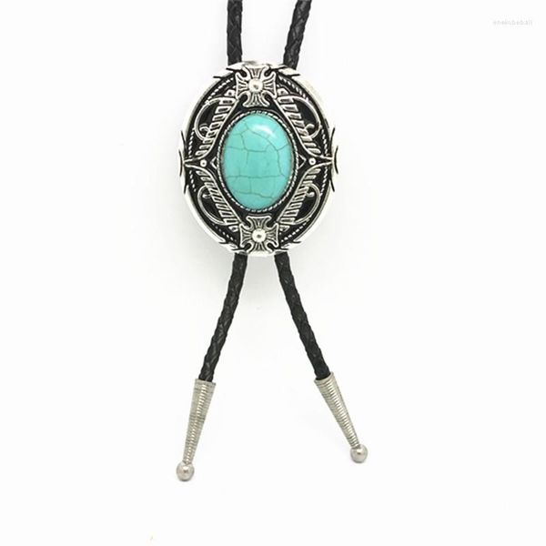 Nœuds papillons Western Fashion Corde en cuir Croix Alliage Bolo pour hommes Femmes Chemise Cravates avec pendentifs en plumes de fleurs turquoise Bijoux