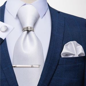 Strikbladen witte zijde voor mannen bruiloft accessoires nek stropdas set pocket square manchetjes ring en clip gravatas cadeau dibangu