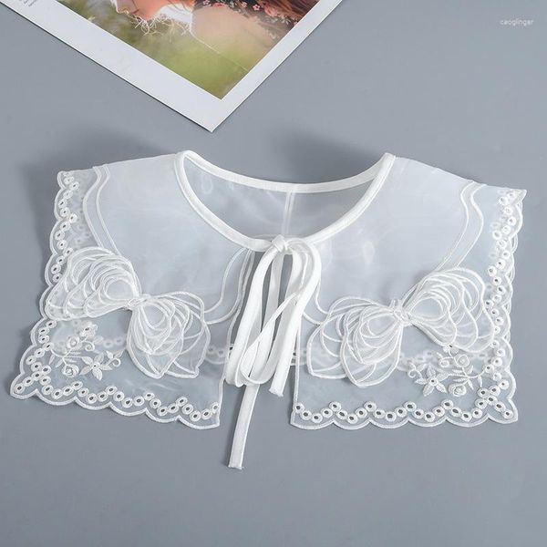 Pajaritas de encaje blanco para mujer, cuello falso, vestido de verano para mujer, abrigo para el hombro, chal con solapa grande para niñas, camisa desmontable con cordones falsos