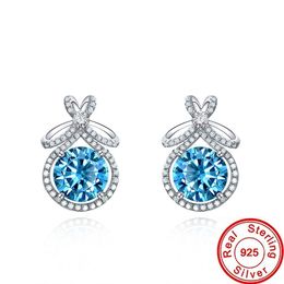 Bowknot aigue-marine diamant boucles d'oreilles 100% réel 925 en argent Sterling fête mariage goutte boucles d'oreilles pour femmes bijoux cadeau